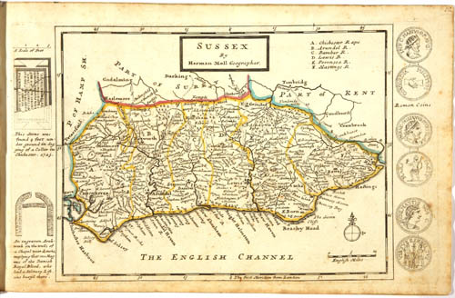 old map of Sussex, England, United Kingdom from 1724